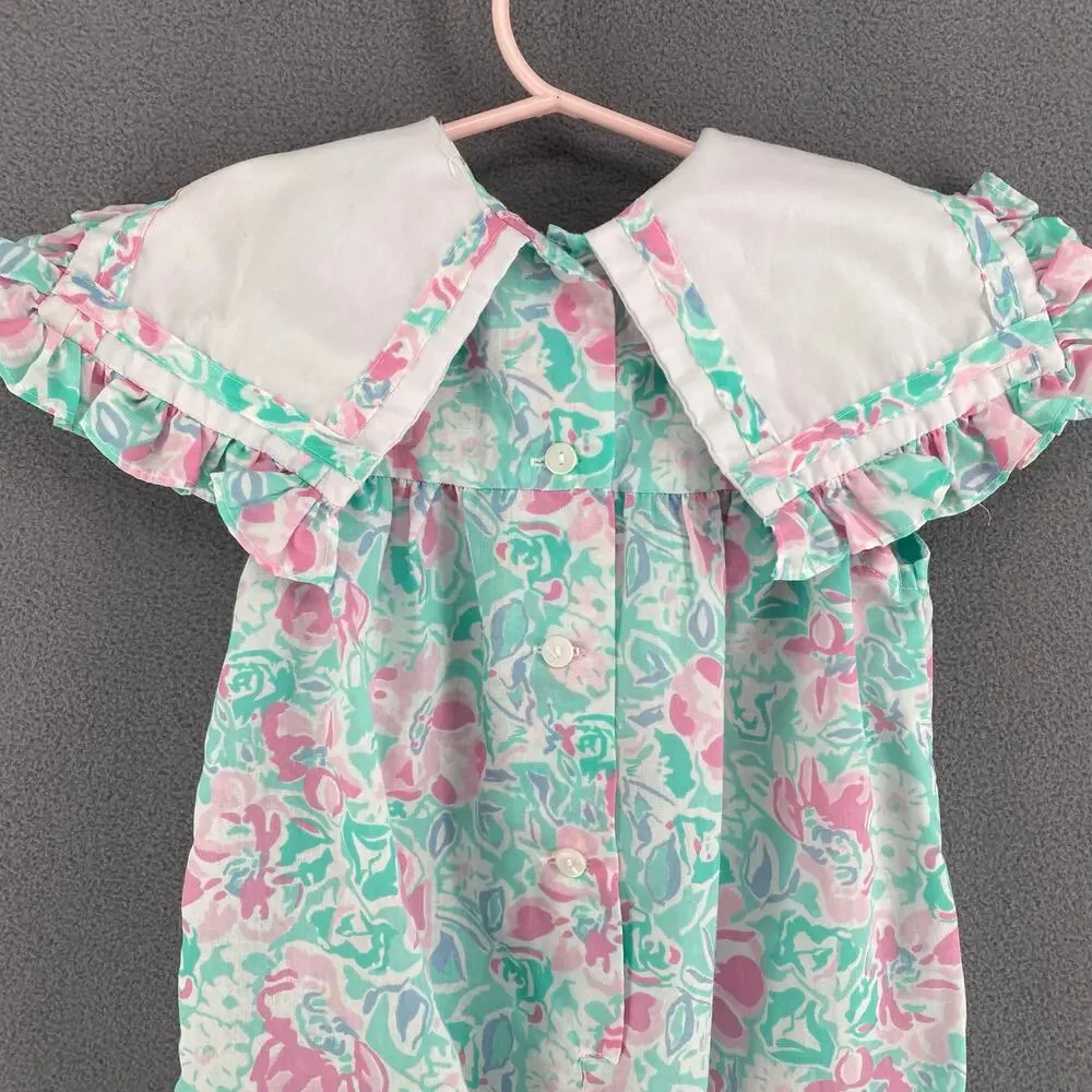 Vintage 80s 90s Lightning Bug Romper Playsuit‎ Kids 2T Floral Ruffle Bow Collar